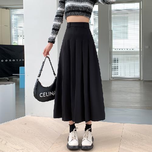 Women’s High-Waisted Pleated Skirt – Mid-Length Casual Elegant Skirt