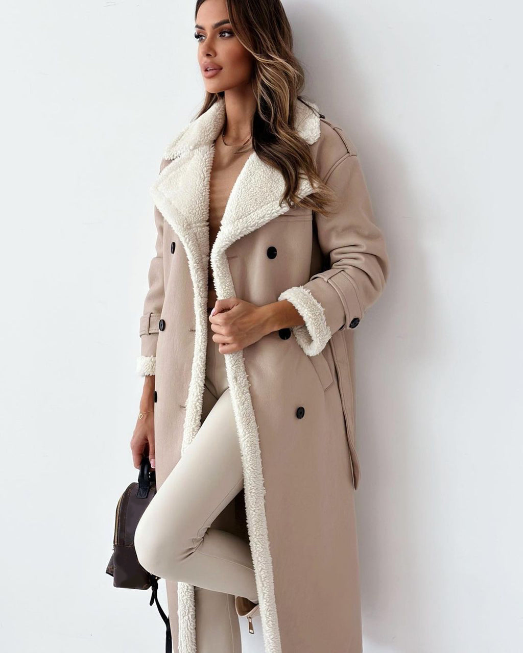 Women’s Double-Breasted Winter Trench Coat – Belted Long Lapel Overcoat