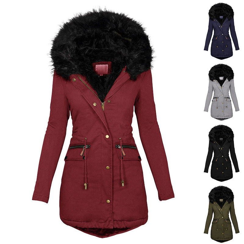 Women’s Plush Hooded Parka – Thick Winter Warm Zip-Up Jacket with Pockets