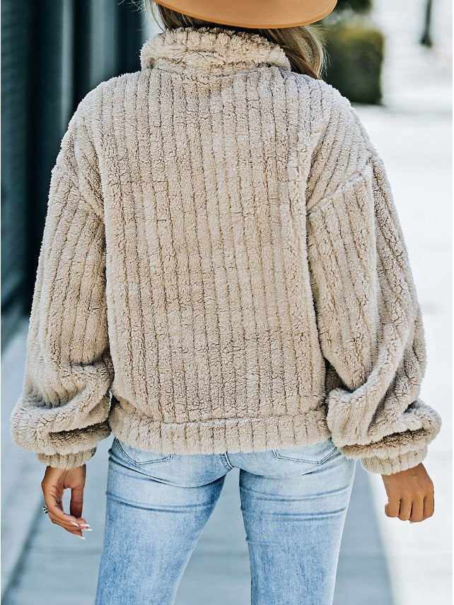 Women’s Thick Plush Fleece Coat – Lapel Warm Winter Jacket with Pocket Design