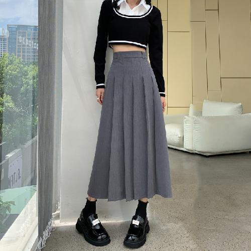 Women’s High-Waisted Pleated Skirt – Mid-Length Casual Elegant Skirt