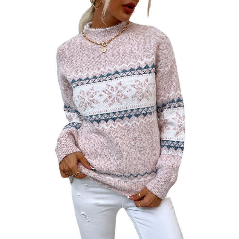 Women’s Winter Snowflake Sweater – Half Turtleneck Knitted Christmas Pullover