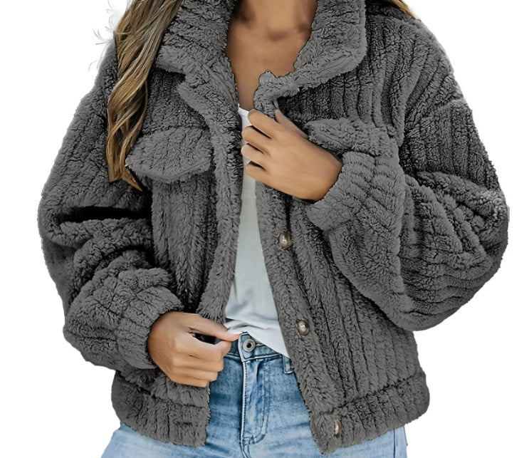 Women’s Thick Plush Fleece Coat – Lapel Warm Winter Jacket with Pocket Design