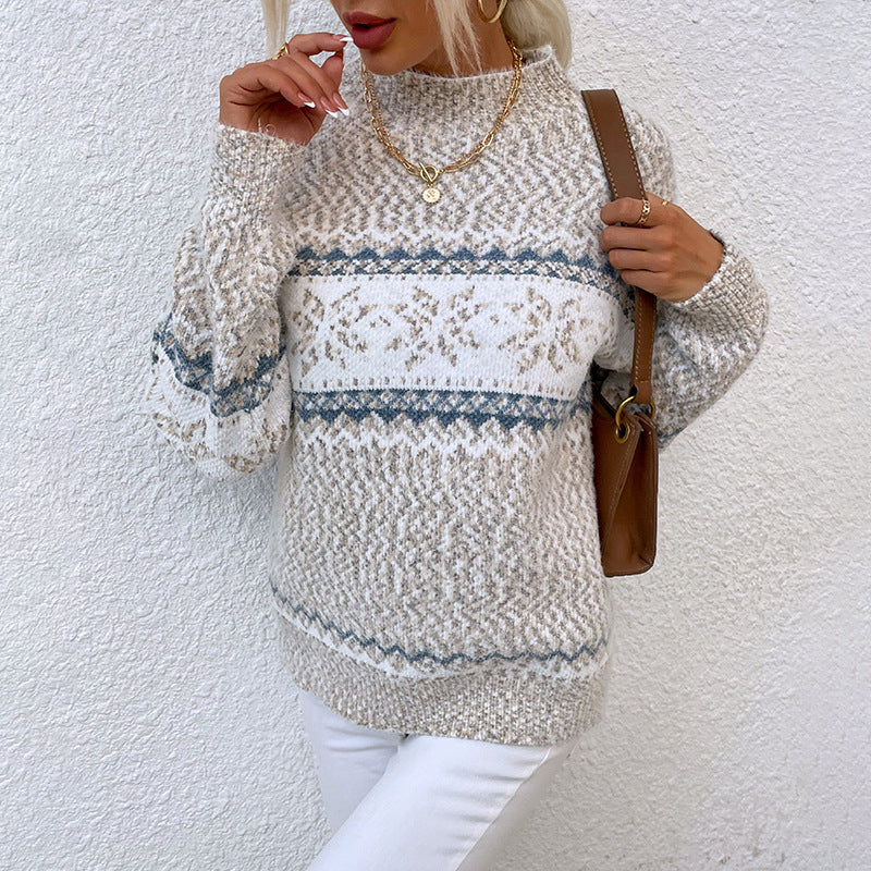 Women’s Winter Snowflake Sweater – Half Turtleneck Knitted Christmas Pullover