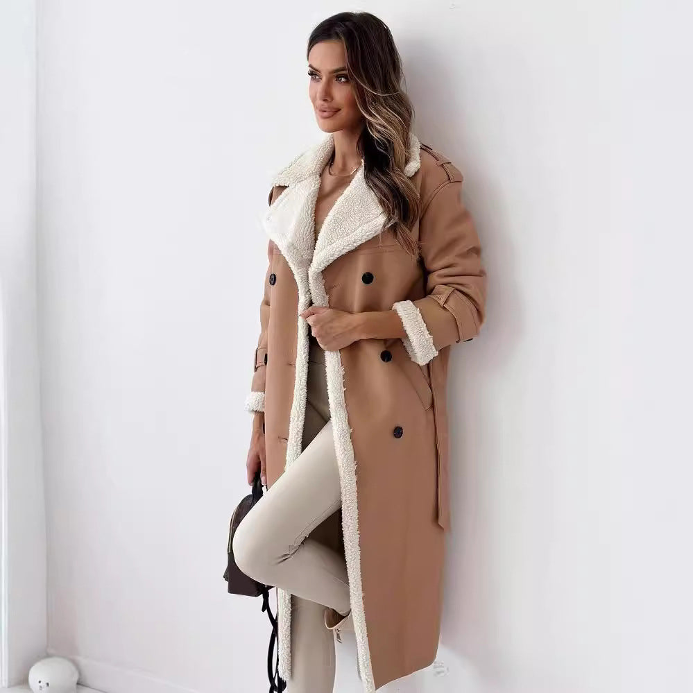 Women’s Double-Breasted Winter Trench Coat – Belted Long Lapel Overcoat