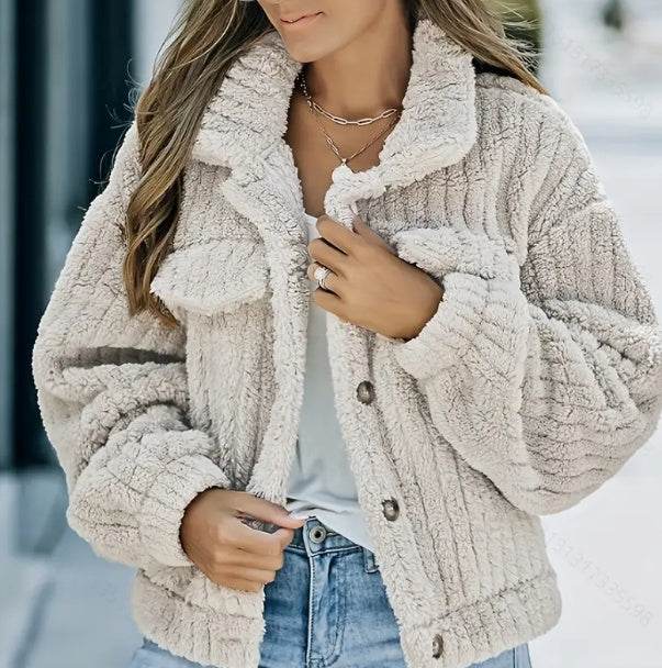 Women’s Thick Plush Fleece Coat – Lapel Warm Winter Jacket with Pocket Design